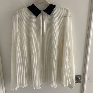 Elegant White Pleated Blouse with Black Collar
